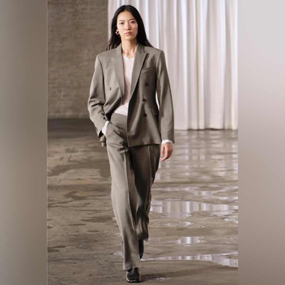Zara ZW Collection 2 PIECE SUIT Stylish Double-Breasted Gray Brown Blazer & Pant